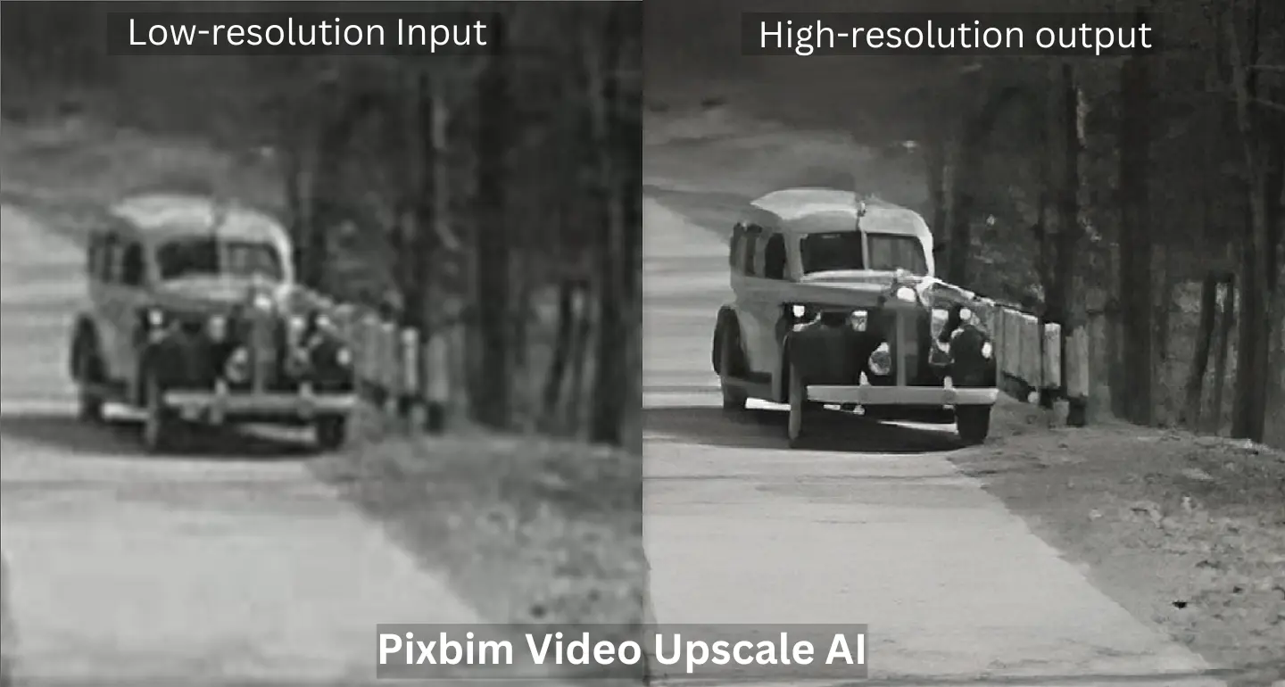 Screenshot shows before and after upscaling of a video. A Frame has been choosen and differentiated to illustrate